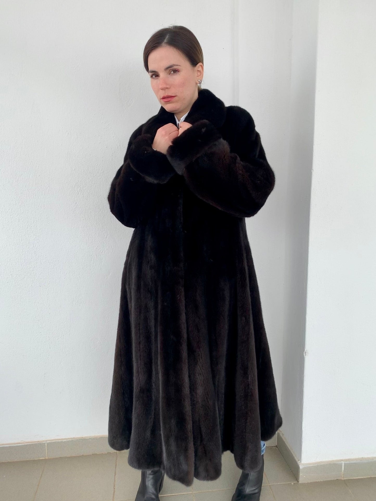 Mahogany Mink Fur Long Coat - Handmade Luxury stroller in full length godet style.