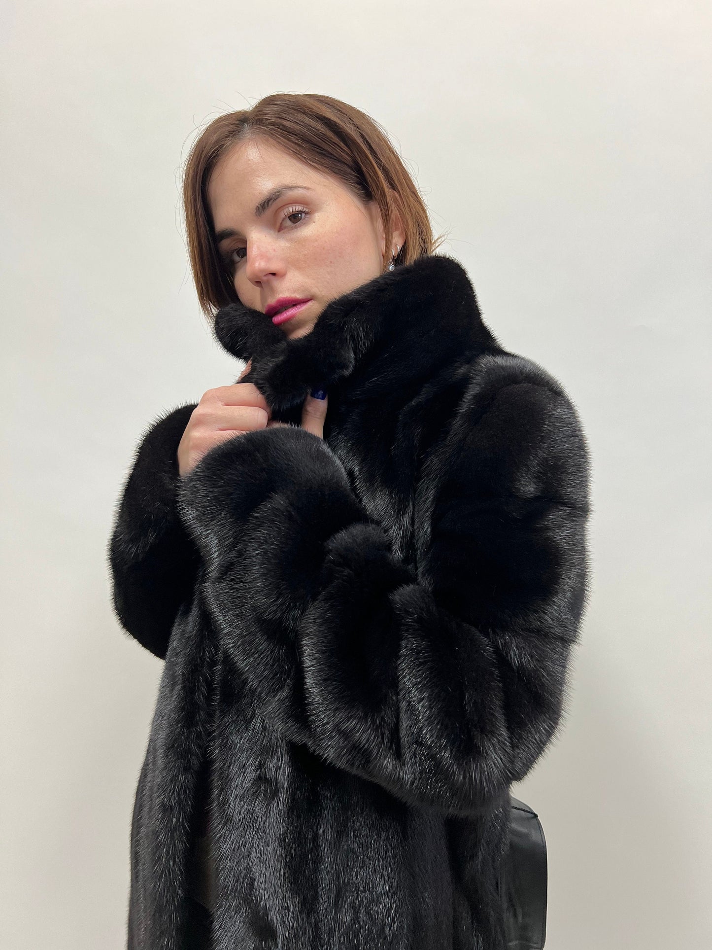 Black Velvet Mink Fur Coat: Nafa Leather Belt, Handmade in Greece