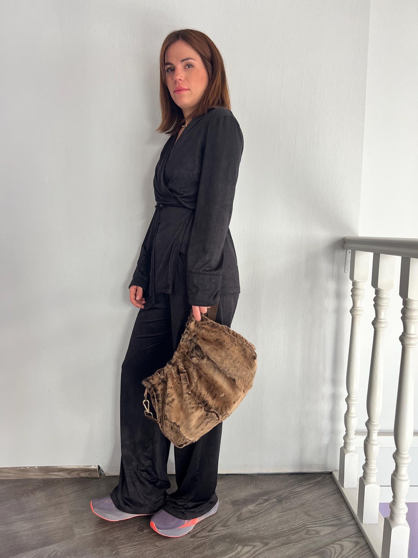 Rusty brown lamb fur Slouch Bag: Swakara Handmade brown Strap Crossbody with lining.