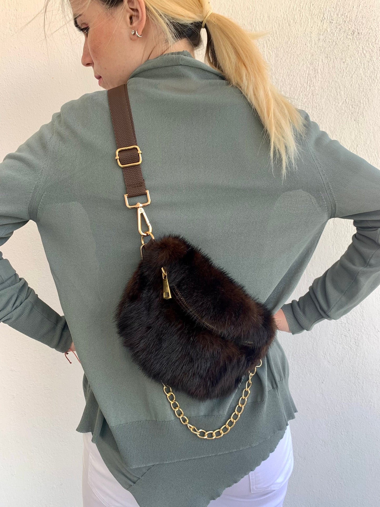 Real Mink Fur Bumbag: Brown Fanny Pack with Chain