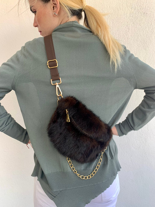 Real Mink Fur Bumbag: Brown Fanny Pack with Chain