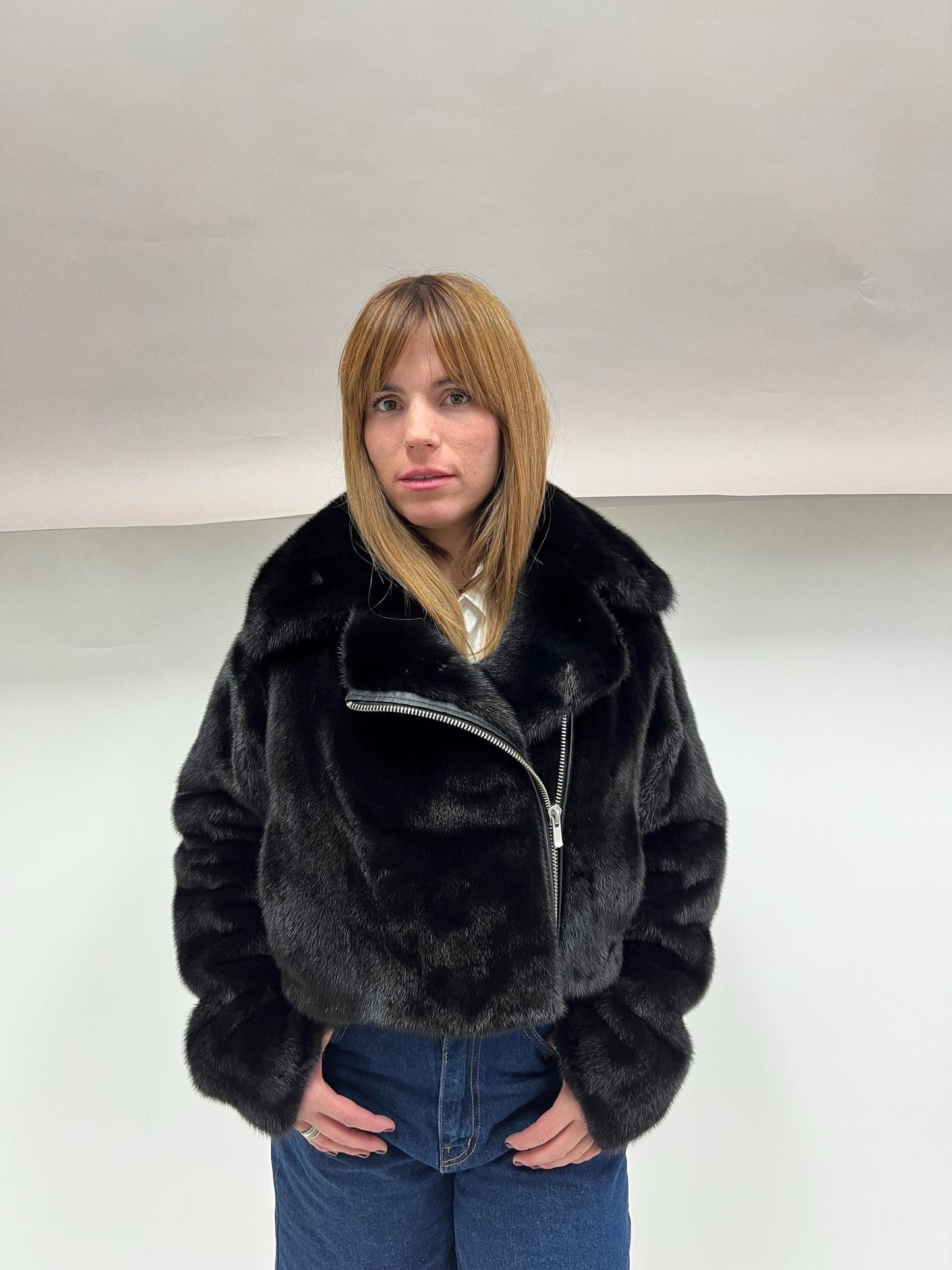 Black Mink Fur Biker Jacket: Saga Fur, Silver Hardware