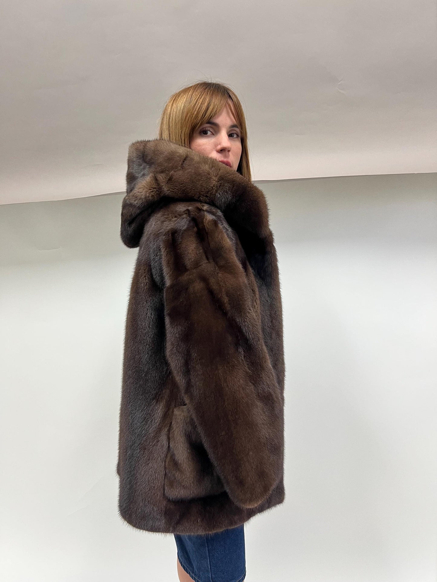 Real Brown Mink Hooded Jacket - Saga Demi Buff Fur