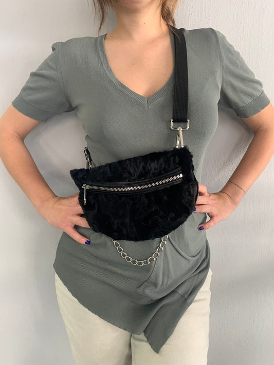 Black Mink Fur Bumbag with Chain: Luxury Fanny Pack