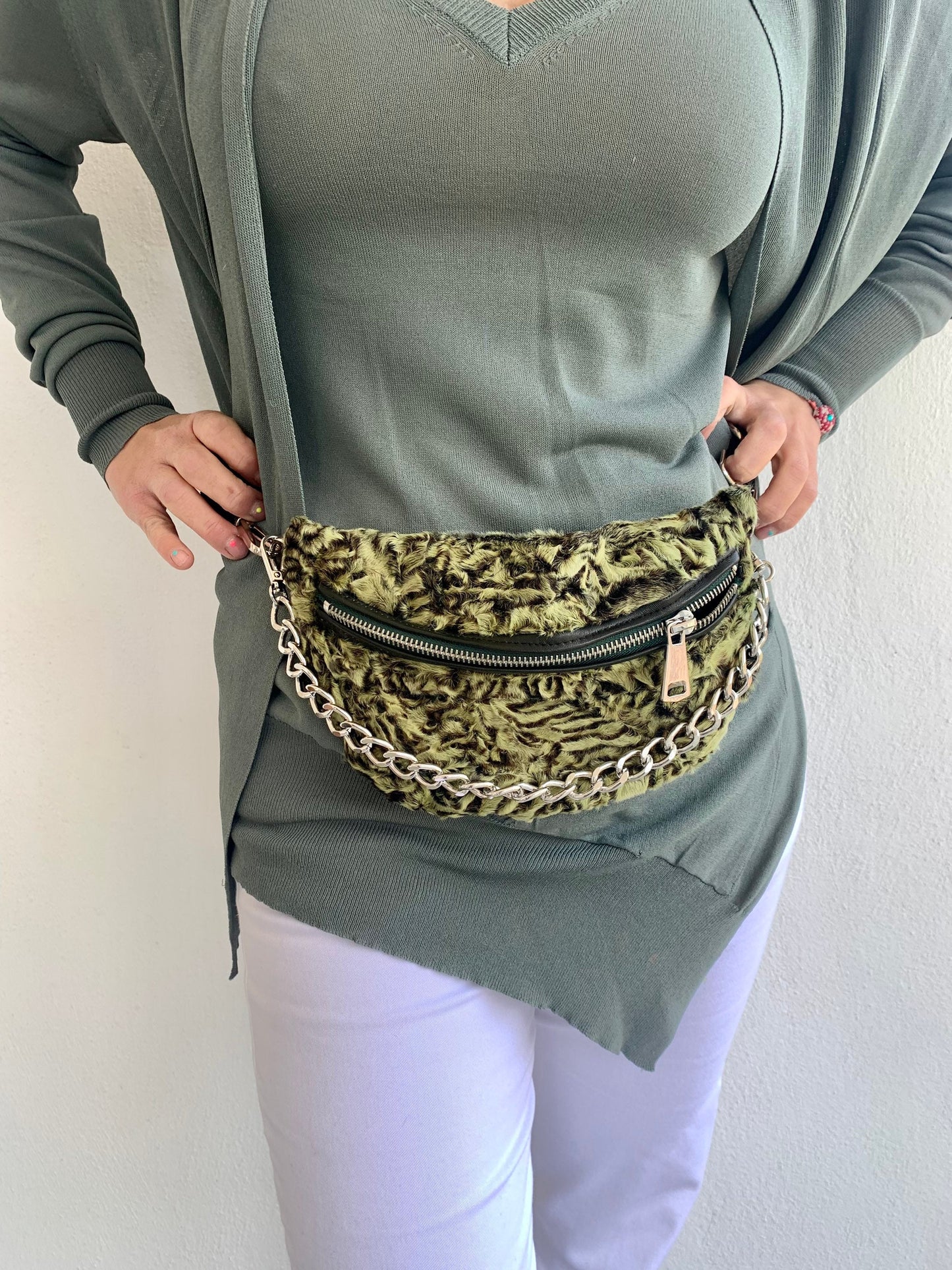 Lime Lamb Fur Bumbag with Chain: Luxury Fanny Pack