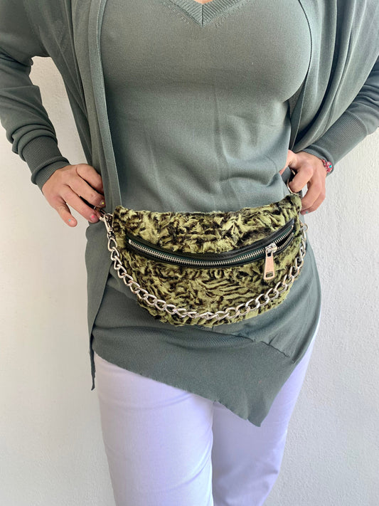 Lime Lamb Fur Bumbag with Chain: Luxury Fanny Pack