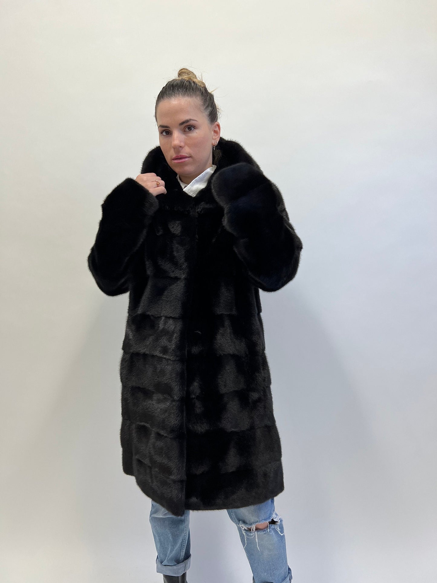 Real Mink Fur Hooded Coat: Black Full Skin Jacket