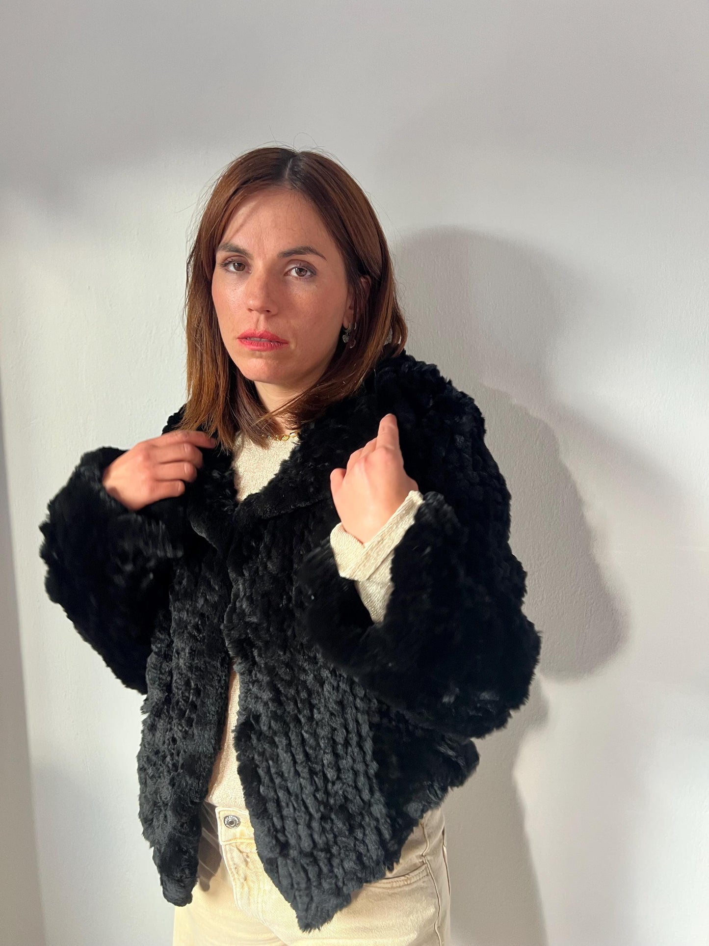 Handwoven Black Rabbit Fur Hooded Jacket - Frog Closure