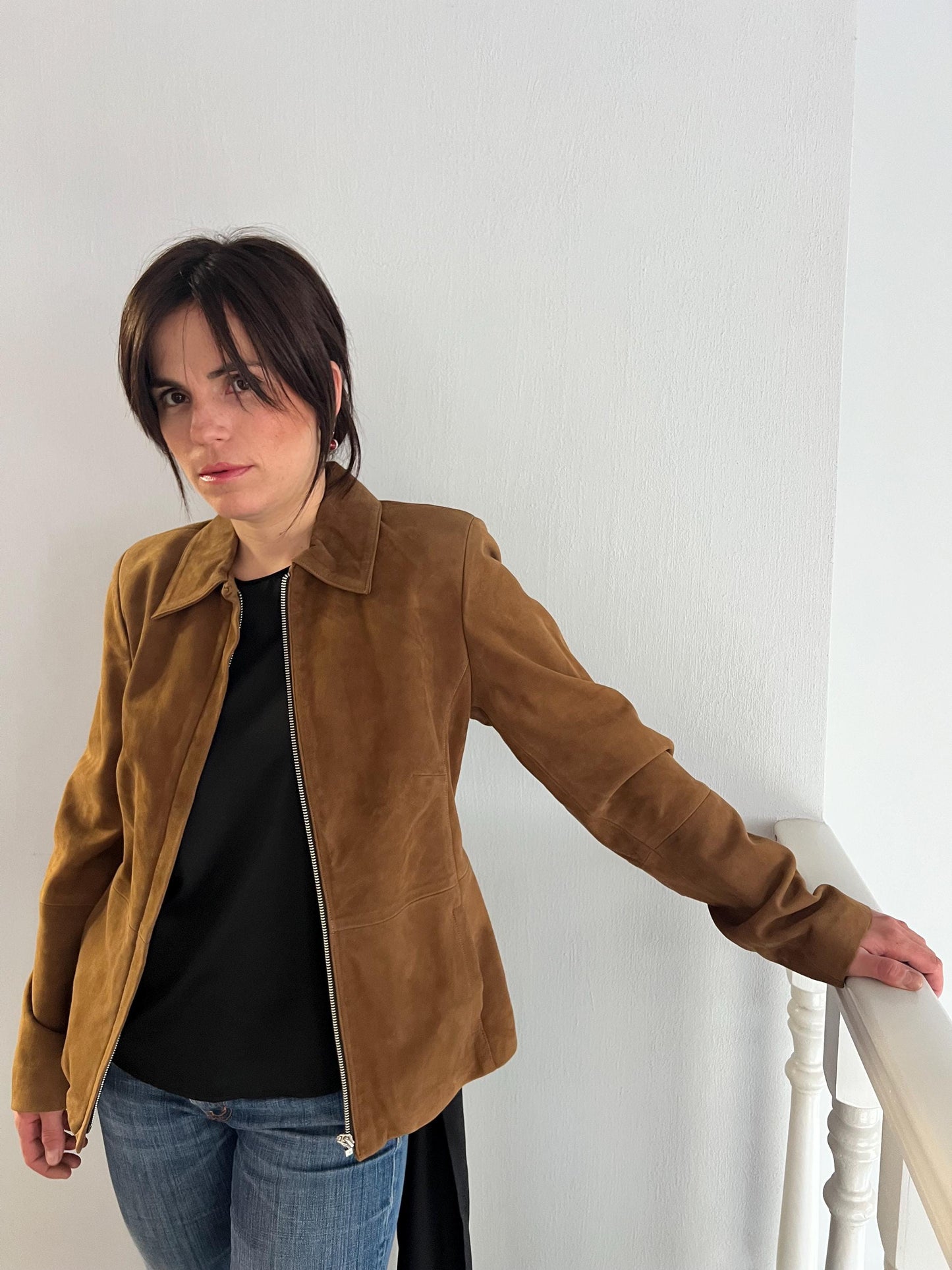 Handmade Tobacco Suede Leather Zipped Jacket: Light Genuine Leather Blazer