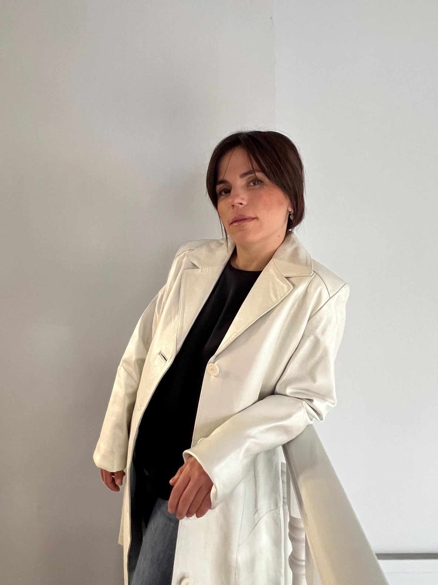 Handmade Nappa Lambskin Leather Coat: White Pearl Button-Down