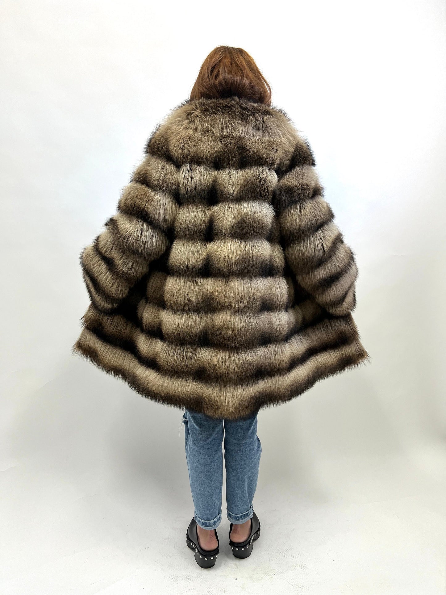 Real Raccoon Fur Coat: Beige Brown Horizontal Sheared Trim size Small.