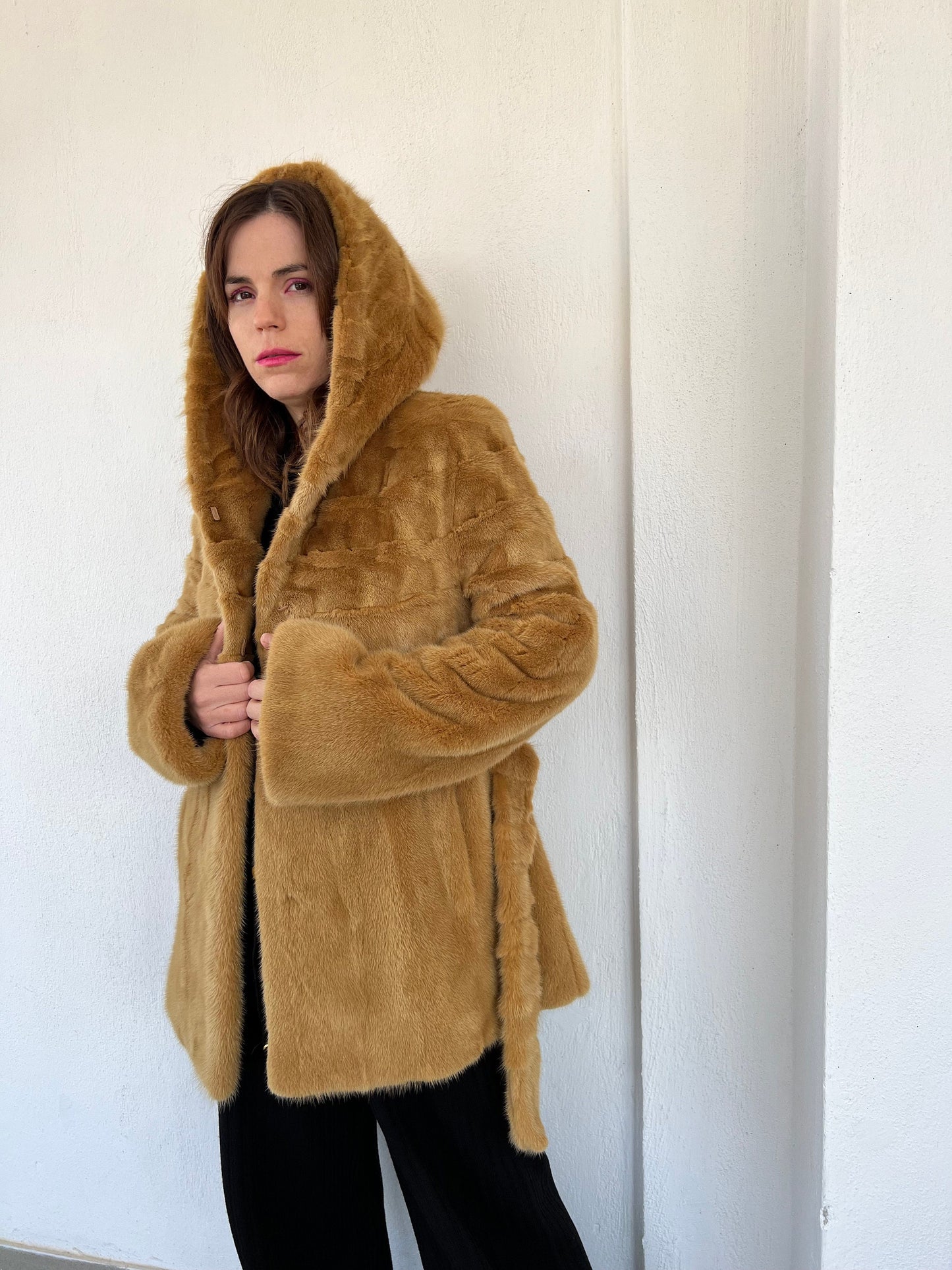 Camel Mink Fur Hooded Jacket with Belt - Luxury Gift