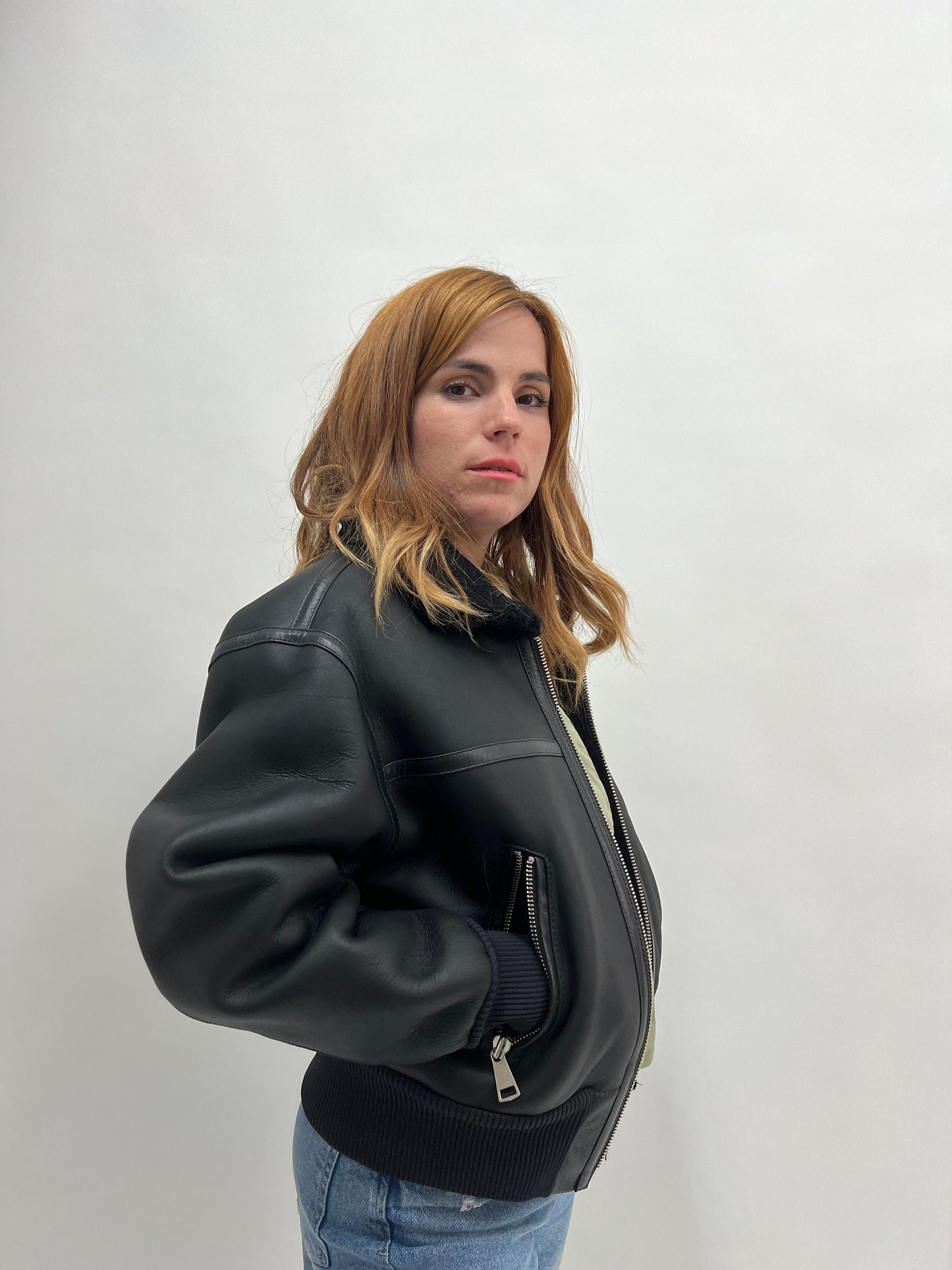Black Shearling Fur Bomber Jacket: Nappa Leather Trim, Handmade in Greece