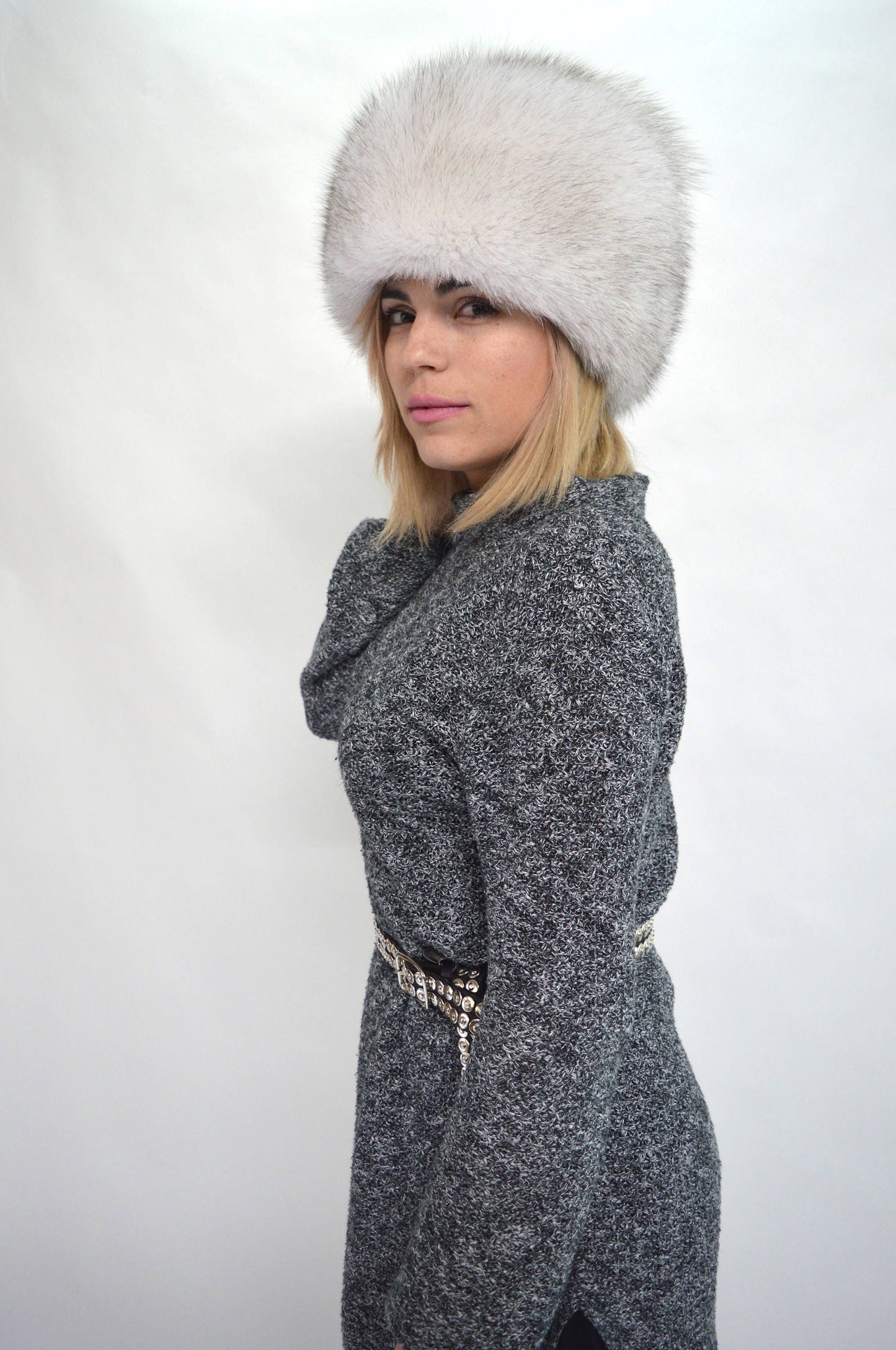 Blue Fox Fur Cossack Hat, Winter Fluffy Head Warmer
