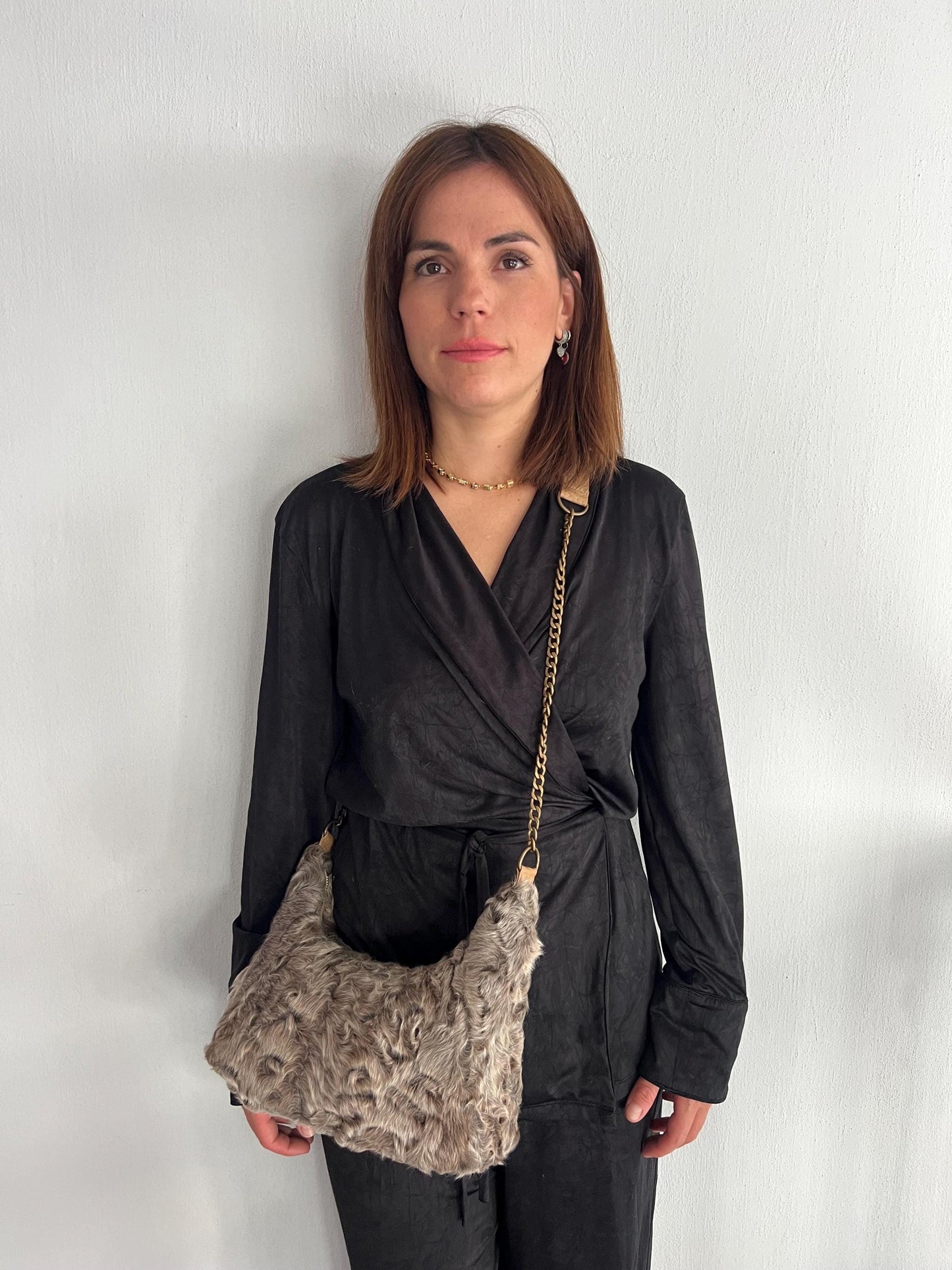 Swakara Grey Fur Tote Bag: Leather & Chain Detail, Luxury Handbag