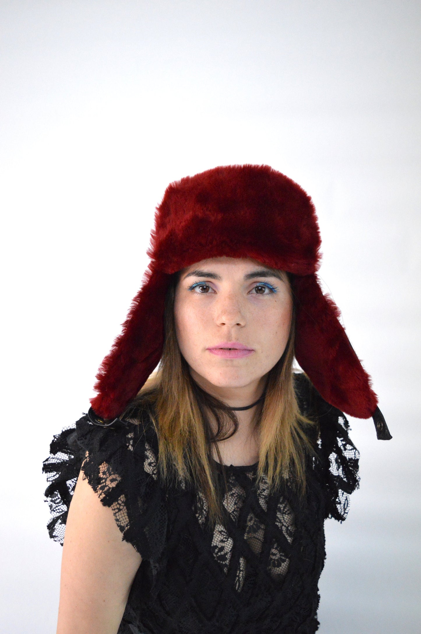 Shearling Fur Trapper Hat: Cream & Bordeaux Sheepskin Aviator Style