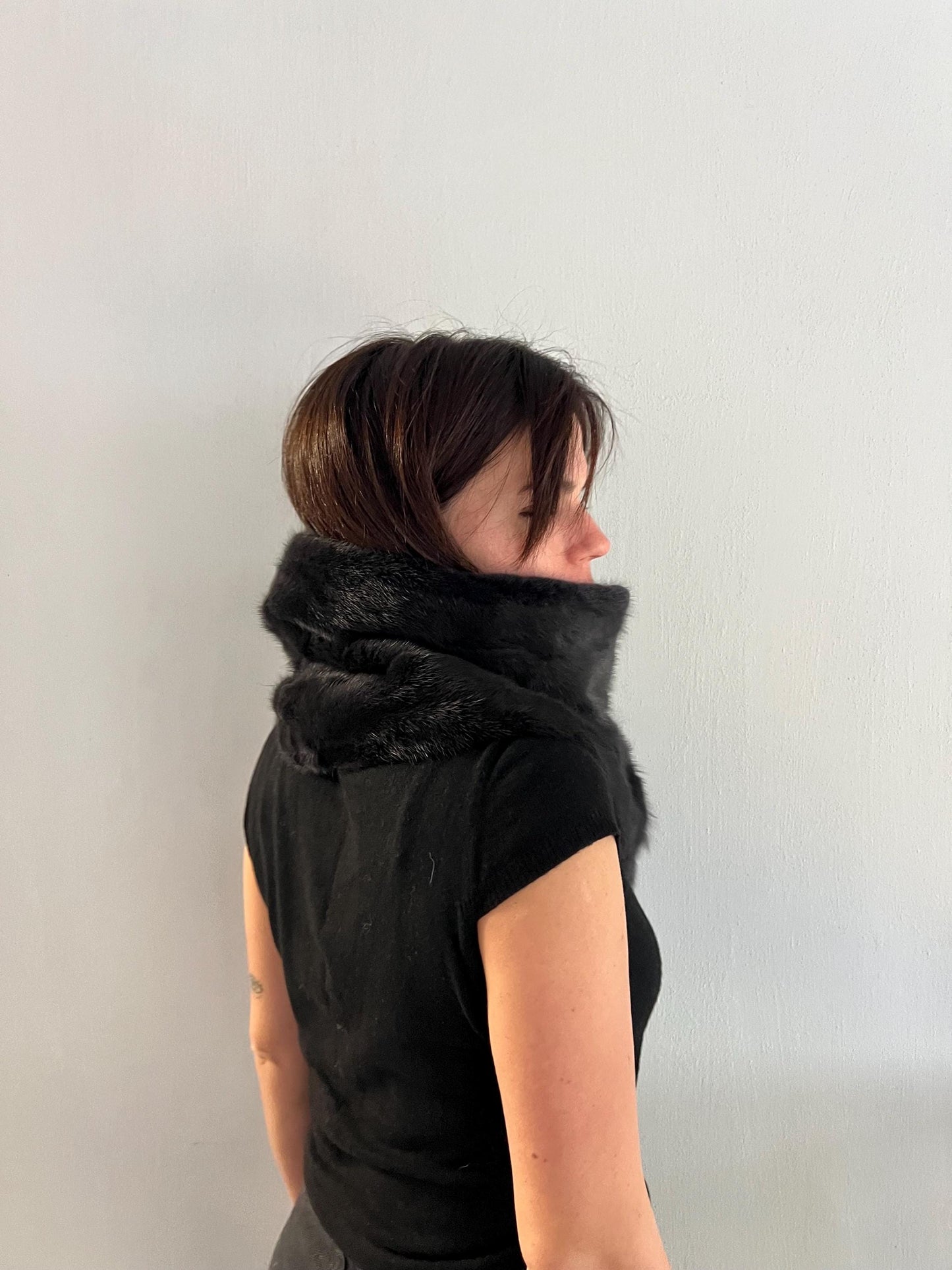 BLACK Mink Fur Cowl: Zipped dark grey Leather Detail Infinity Scarf