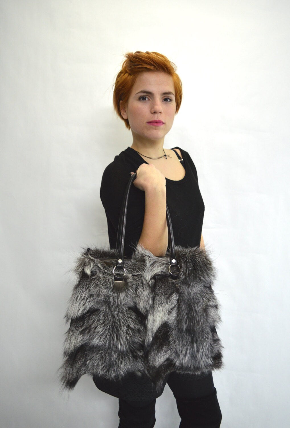 Silver Fox Fur Handbag: Leather Laptop Bag, grey shoulder bag.