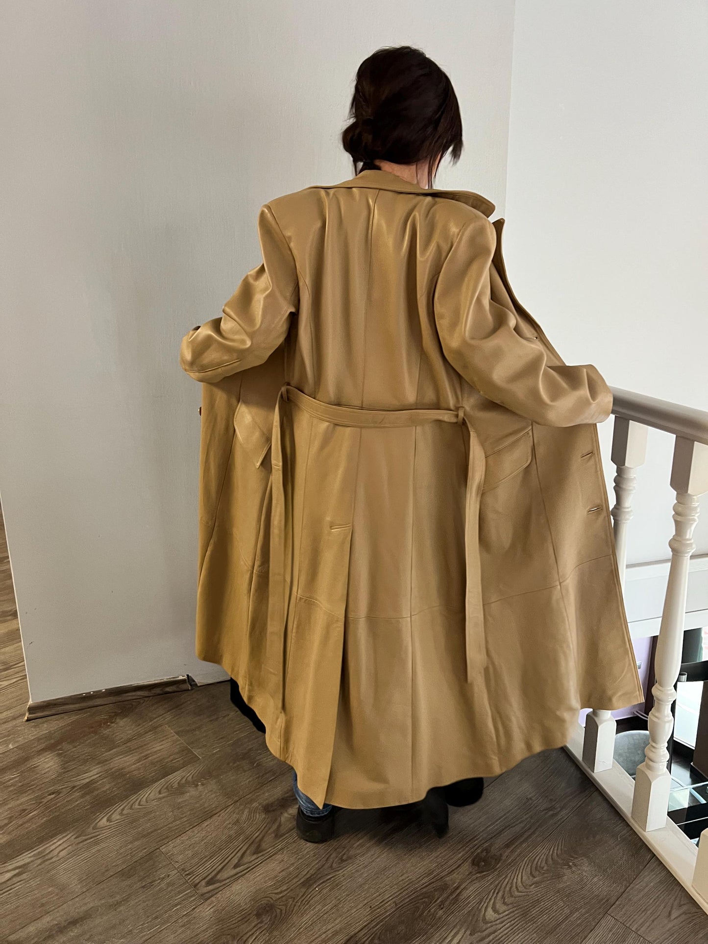 Handmade Nappa Lamb buttery  Leather Coat: Genuine Camel Leather Tie-Wrap, Made in Greece