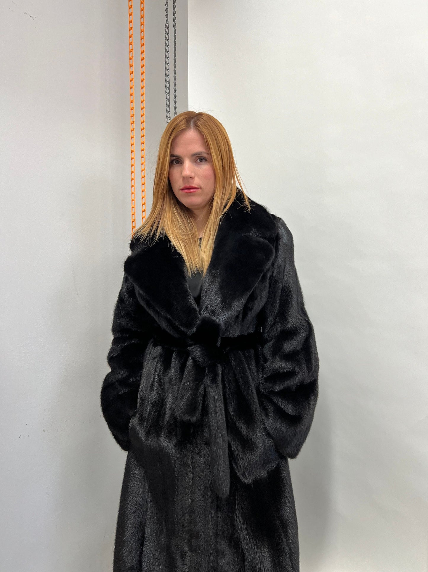 Black Saga Mink Fur Coat with Belt, Luxury Texture