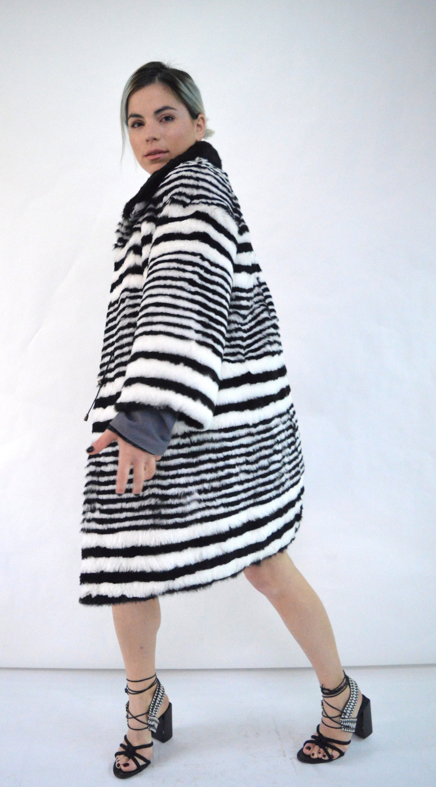 Black & White Rabbit Fur Coat: Mink Collar, Luxury Winter Coat