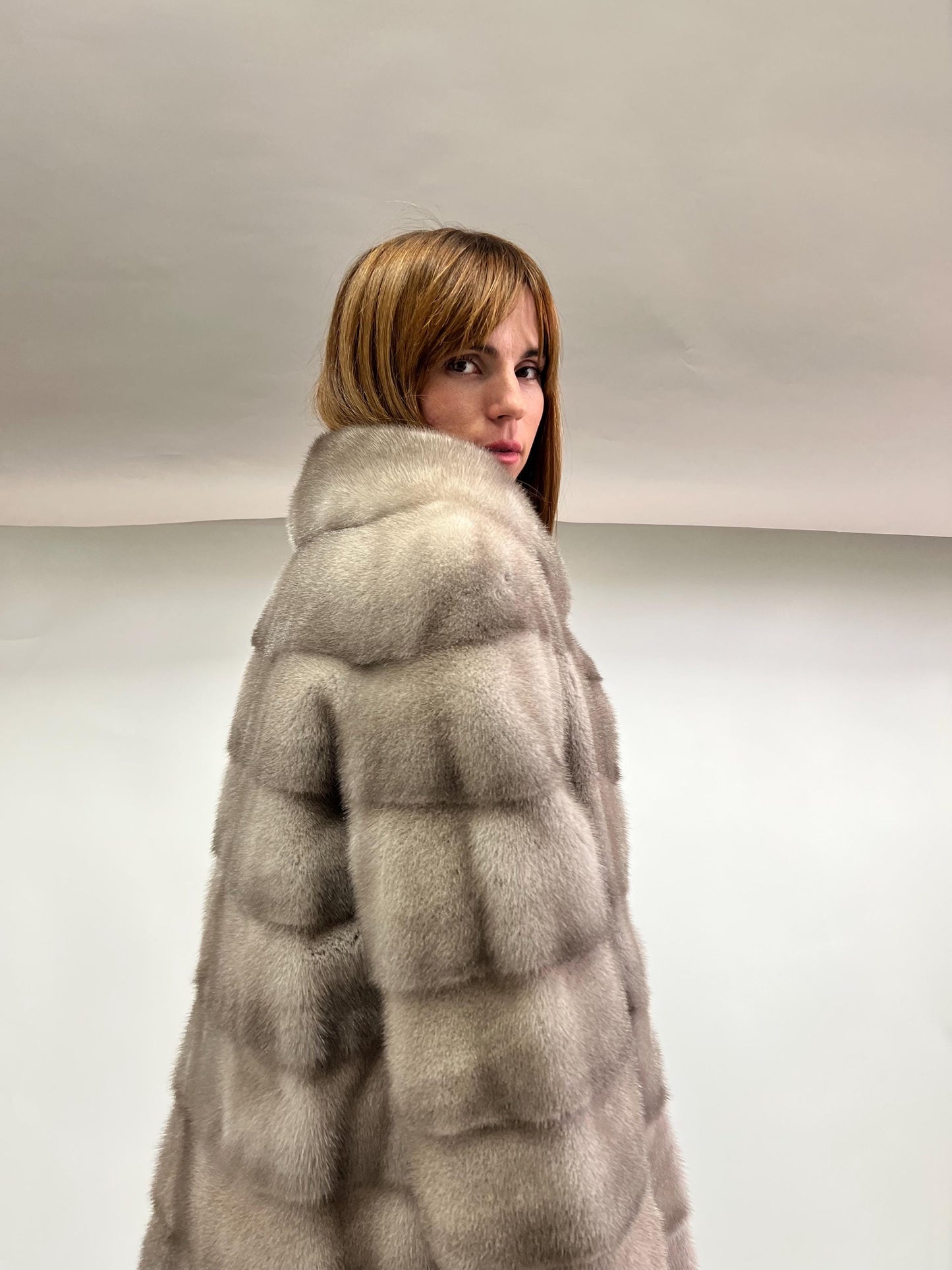 Real Silver Mink Fur Stroller Coat, High Collar - Size Small/Medium