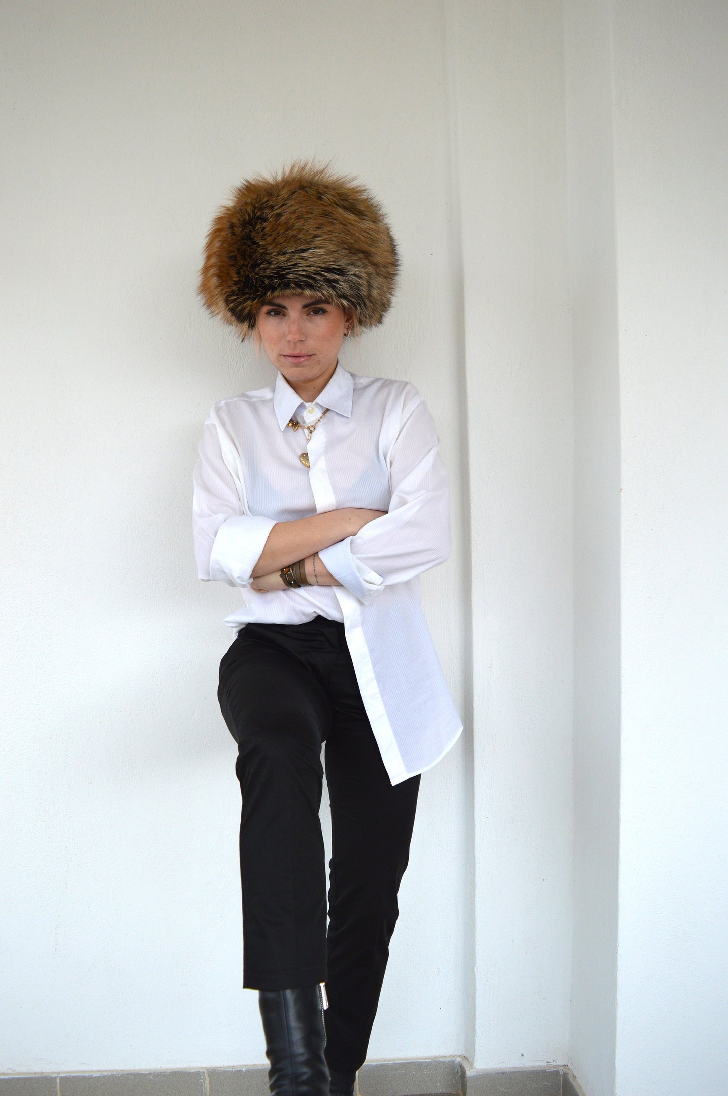 Real Golden Fox Fur Cossack Hat - Winter Head Warmer