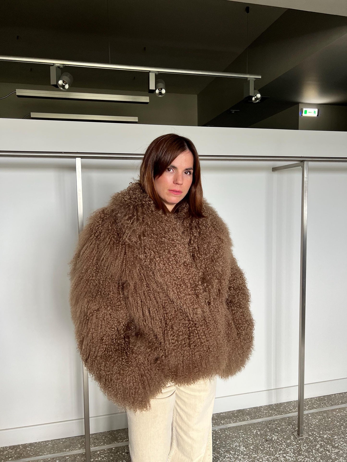 Handmade Chocolate Mongolian Lamb Fur Jacket - Pastel Brown Clip Closure