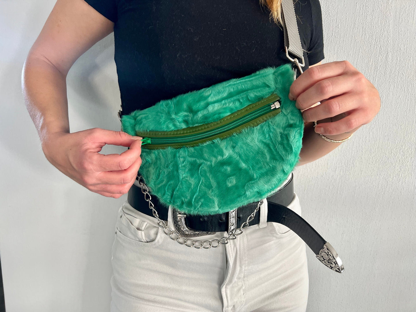 Green Sheared Fur Bumbag with Chain Strap