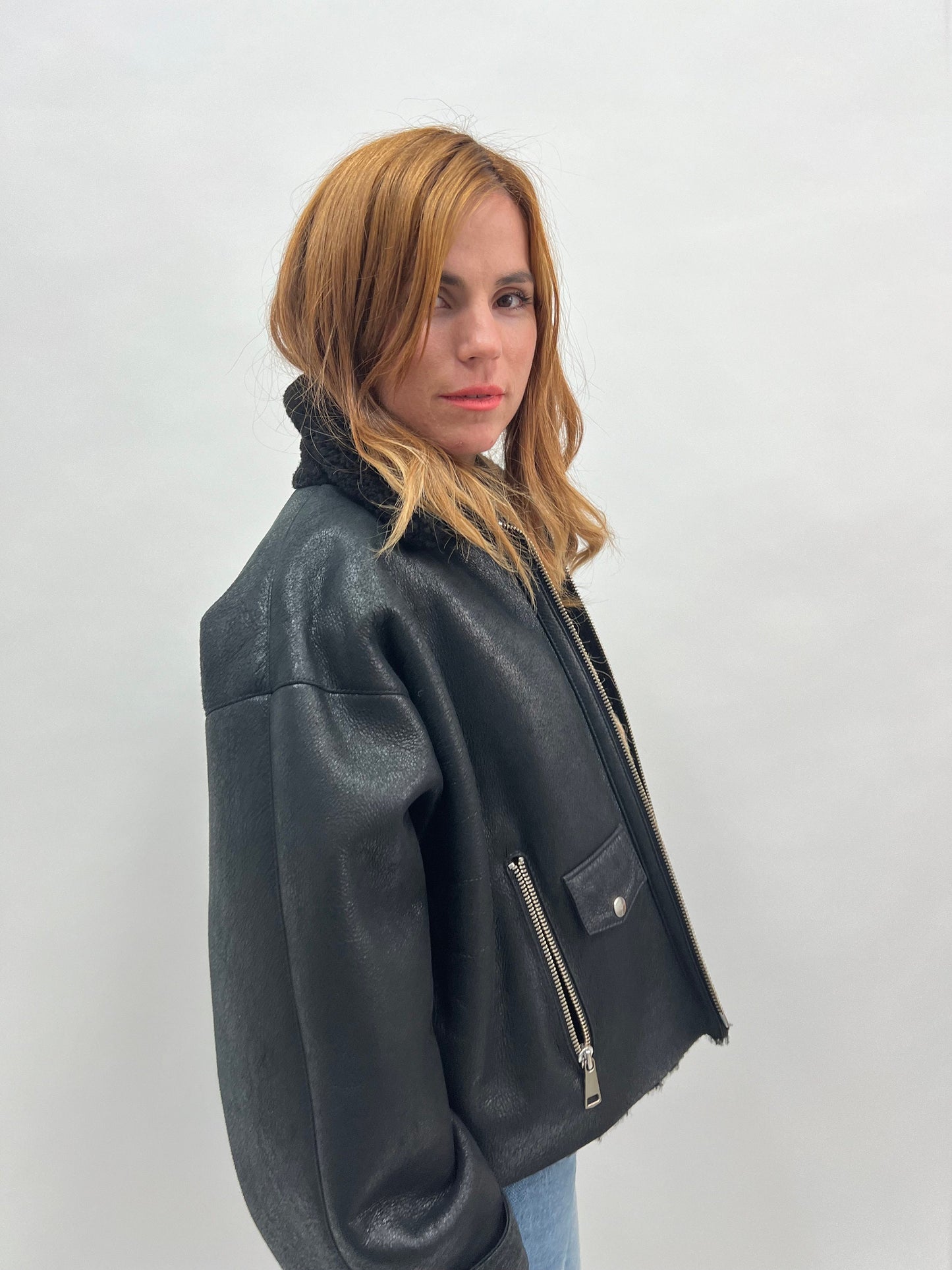 Handmade Black Shearling Fur Jacket: Cracked Leather Sheepskin Coat