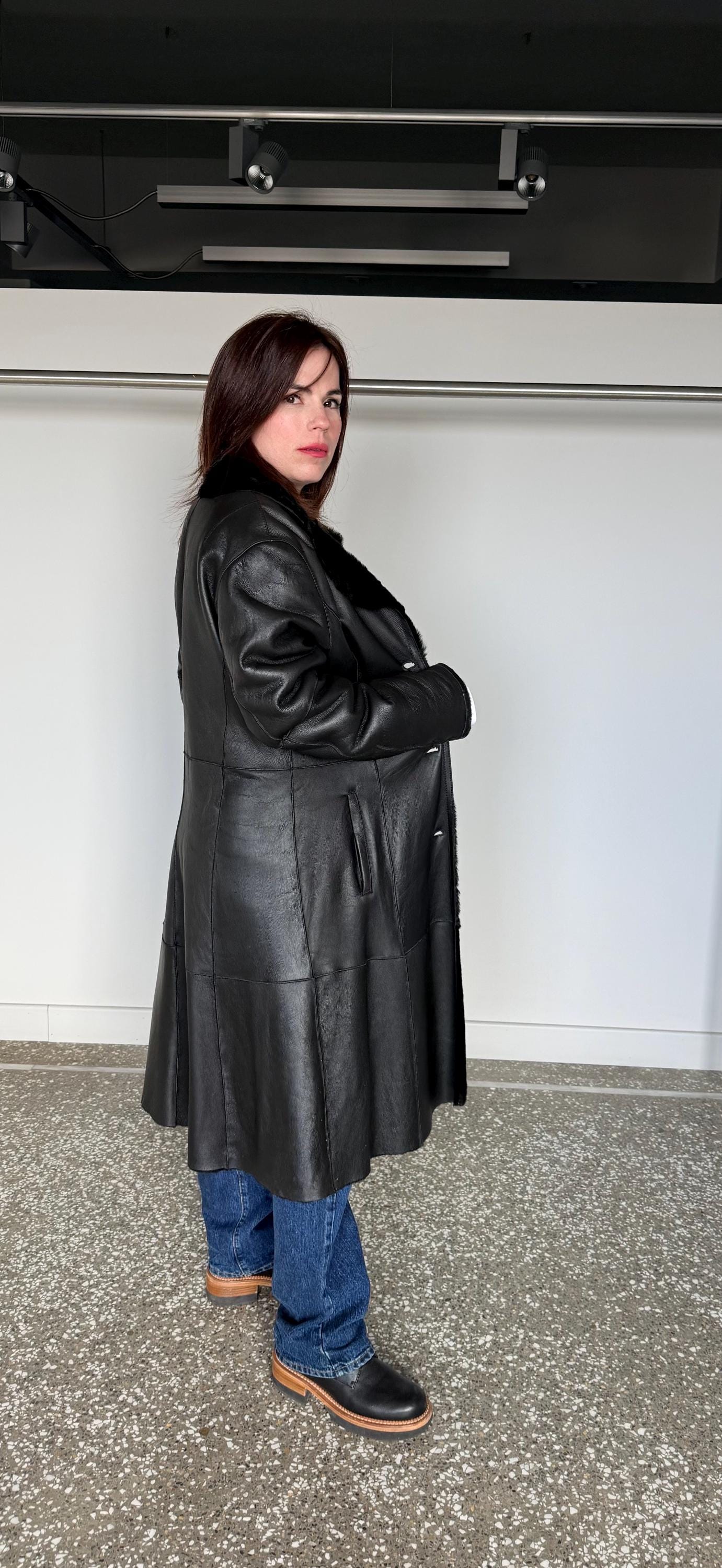 Handmade Black Shearling Fur Jacket:Long super warm Sheepskin Coat