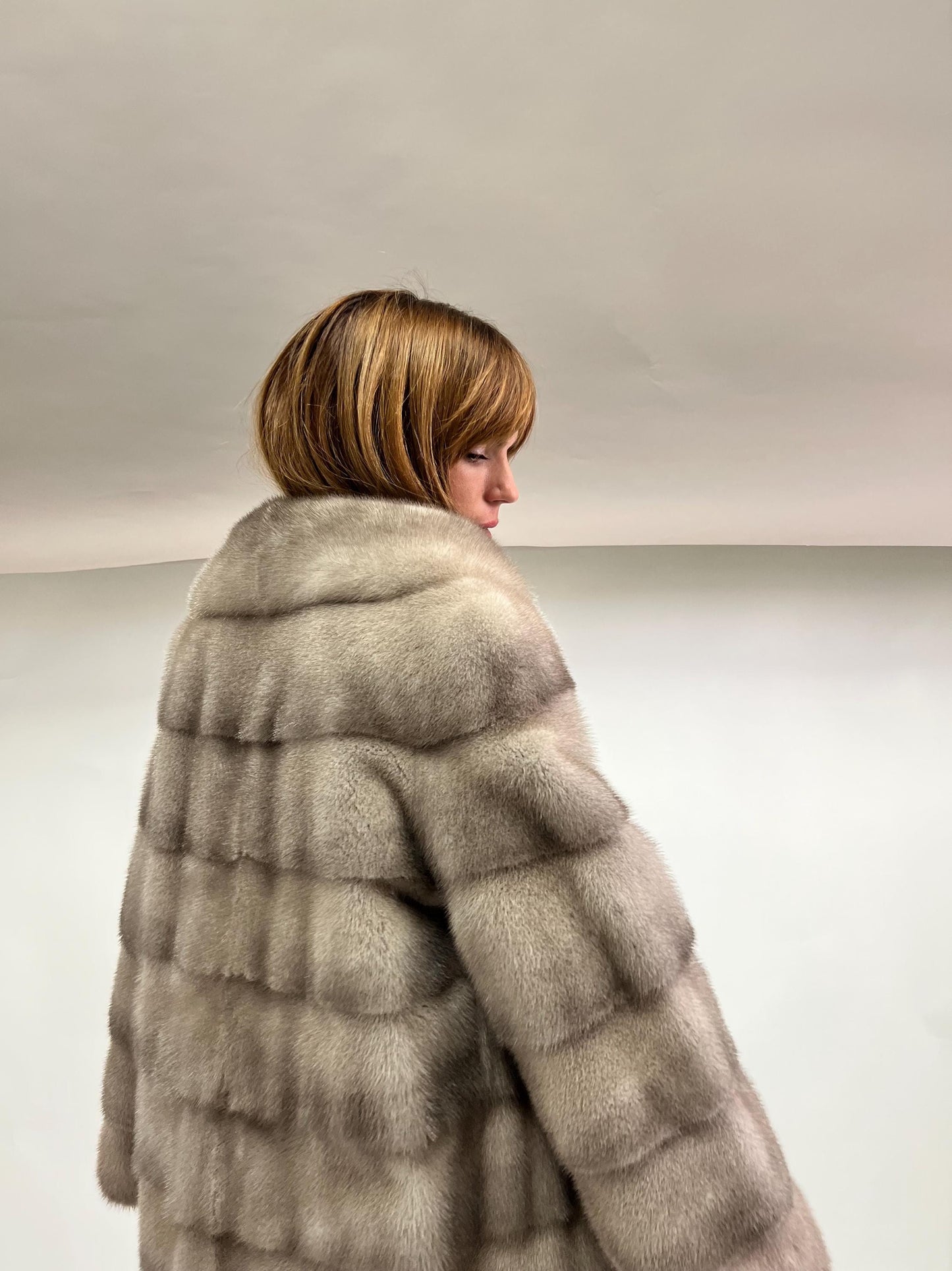 Real Silver Mink Fur Stroller Coat, High Collar - Size Small/Medium