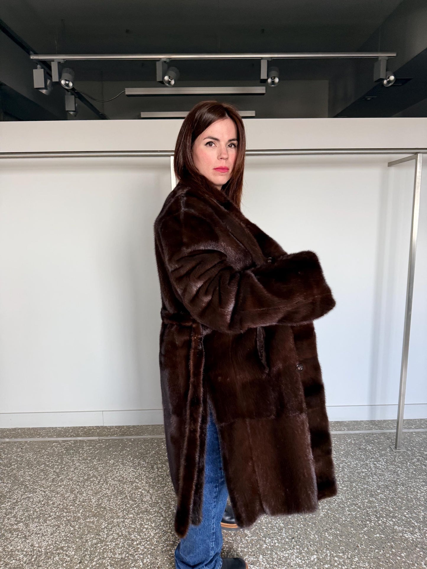 Reversible Demi Buff Mink Fur Coat with Suede Leather: Long Collarless Stroller (Handmade Greece)