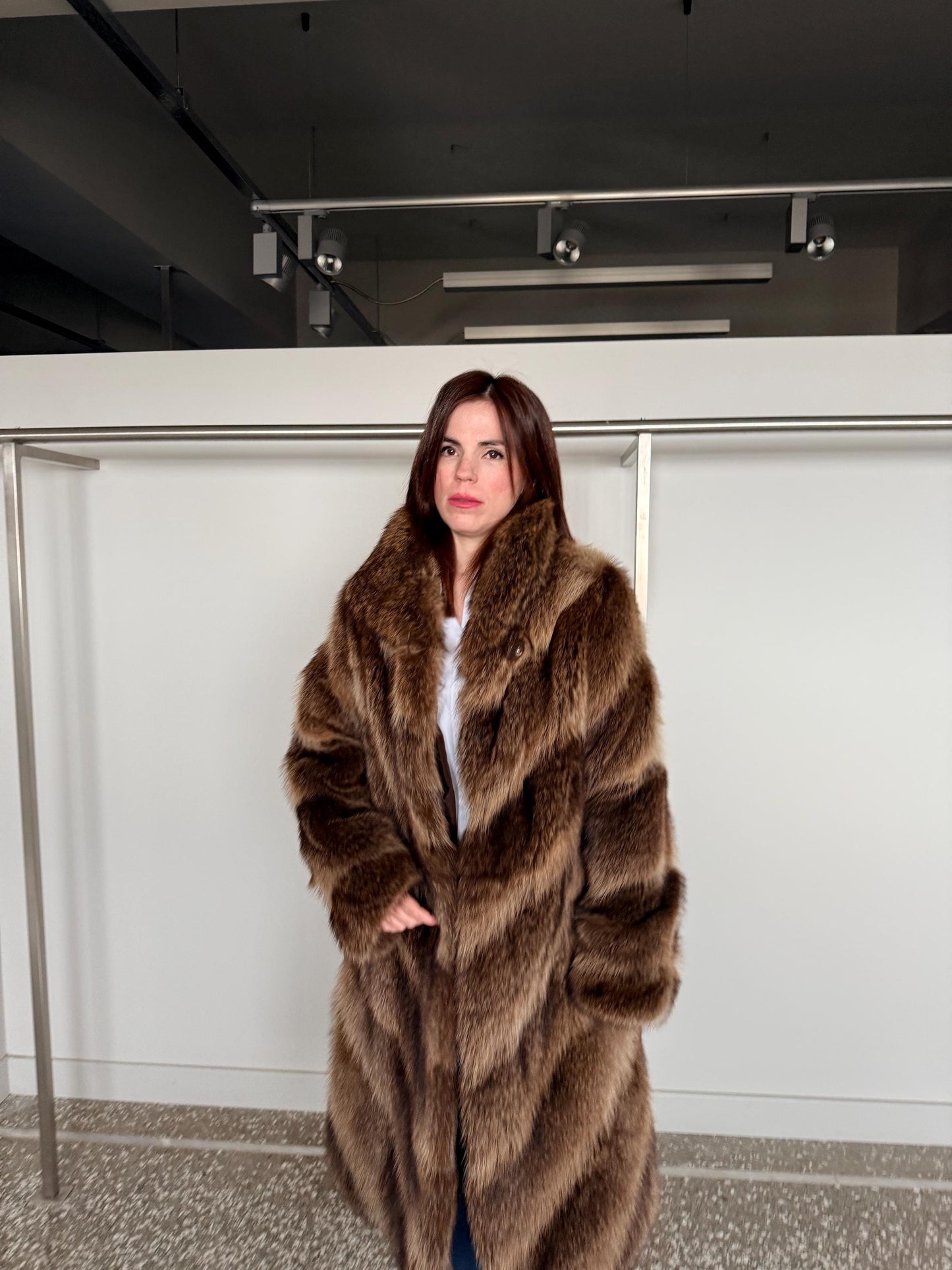 Real Raccoon Fur Coat: Choco Brown extremely warm diagonal fur stroller.