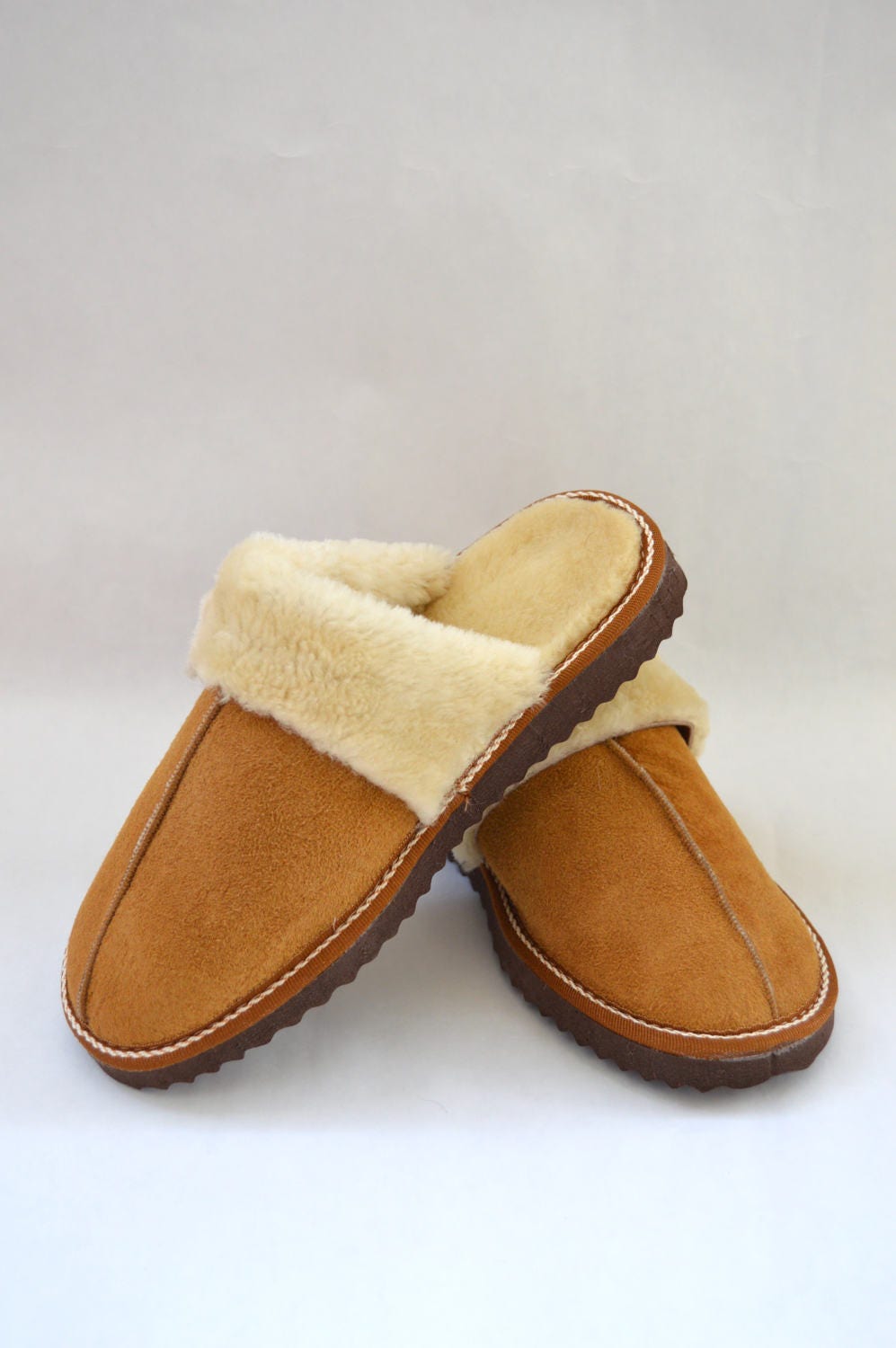 Tan Shearling Slippers: Genuine Sheepskin Fur Shoes