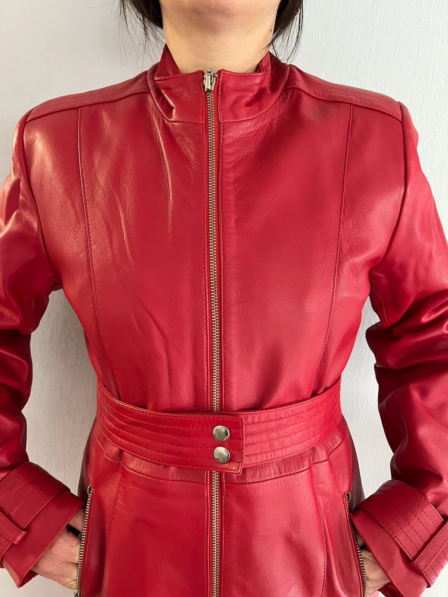 Handmade Red buttery Nappa Lambskin Leather Coat: Belted Warm Lining