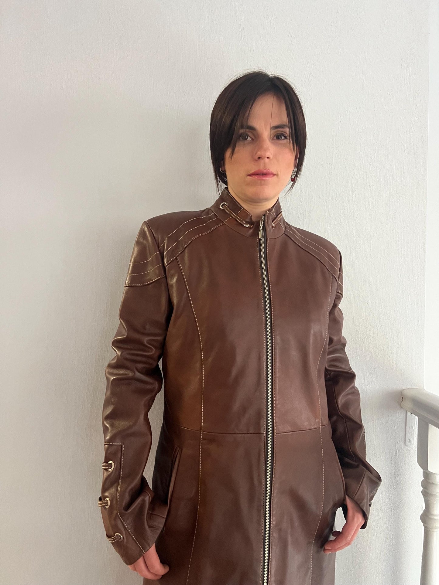 Handmade Nappa Lamb Leather Coat: Tobacco Brown Zip Front