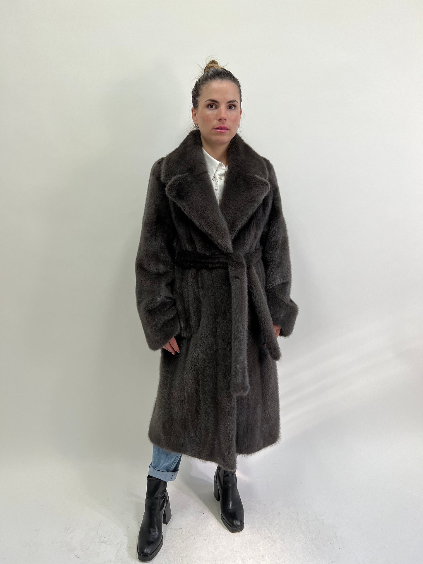 Real Graphite Mink Fur Long Coat: Belted Copenhagen Fur, Handmade