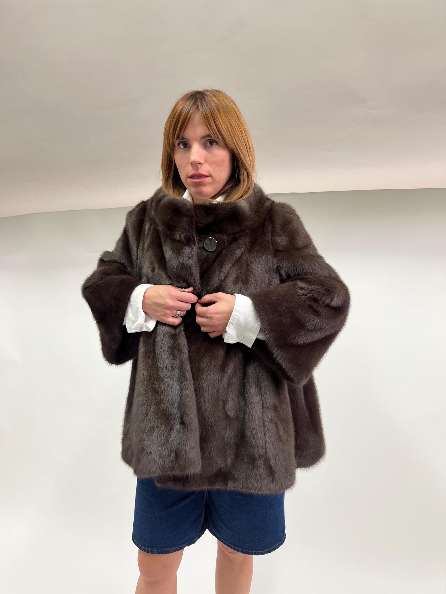 Saga Quality Chestnut Mink Fur Jacket: Edgy Stand Up Collar