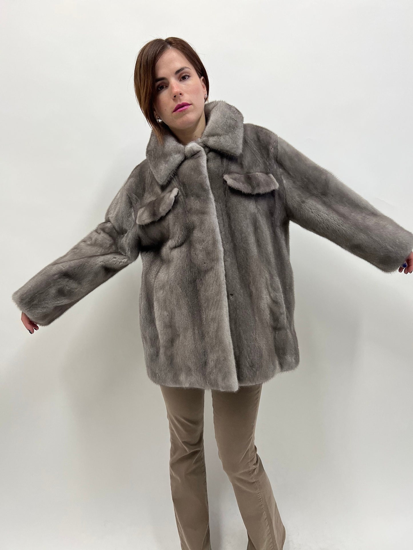 Blue Iris Mink Fur Over-Shirt Coat: Boxy Style, Pockets