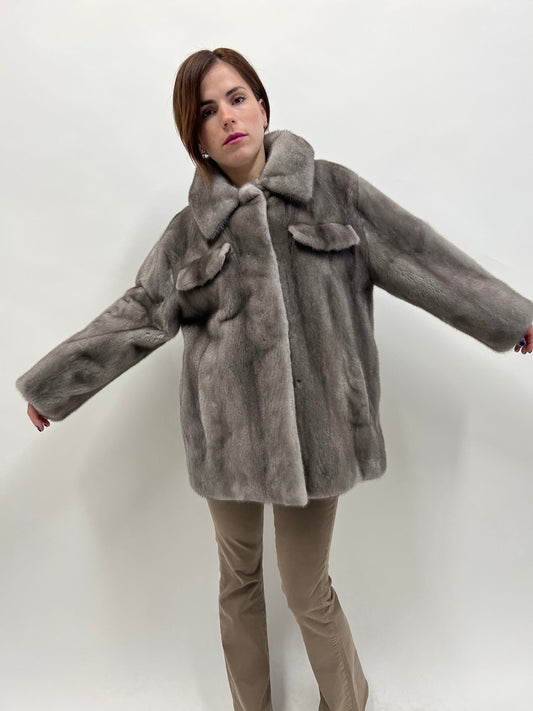 Blue Iris Mink Fur Over-Shirt Coat: Boxy Style, Pockets