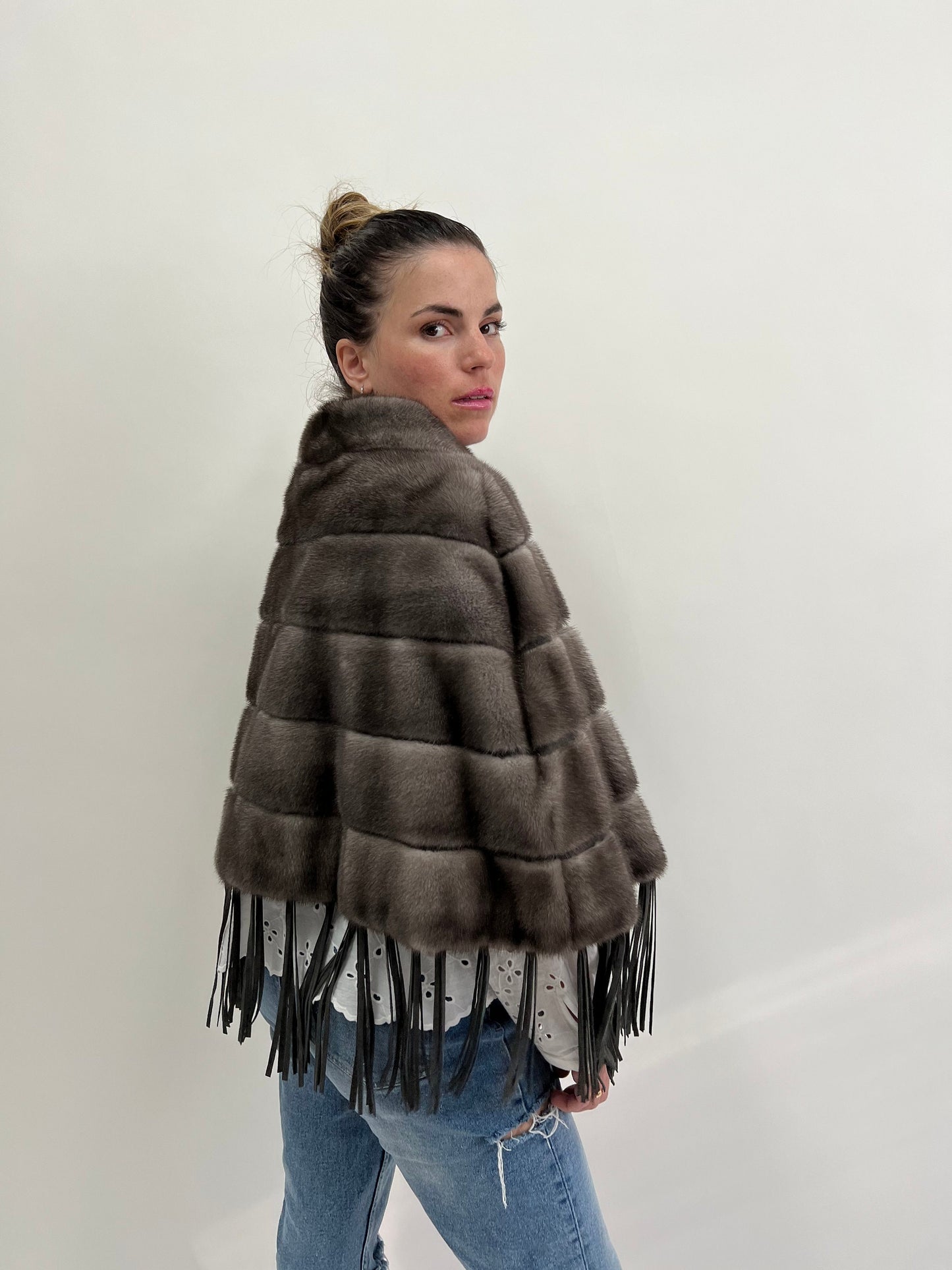 Grey Mink Fur Poncho: Leather Tassel Cape - Saga Blue Iris