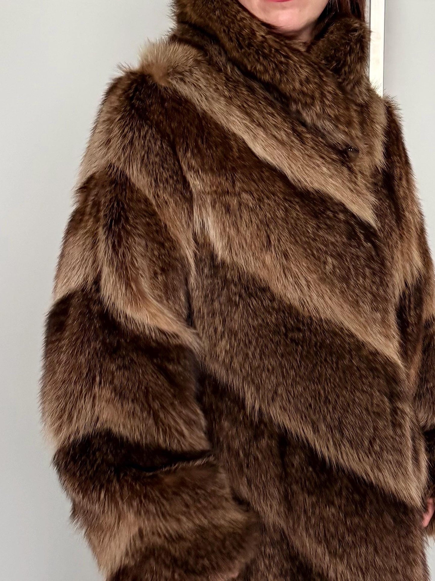 Real Raccoon Fur Coat: Choco Brown extremely warm diagonal fur stroller.