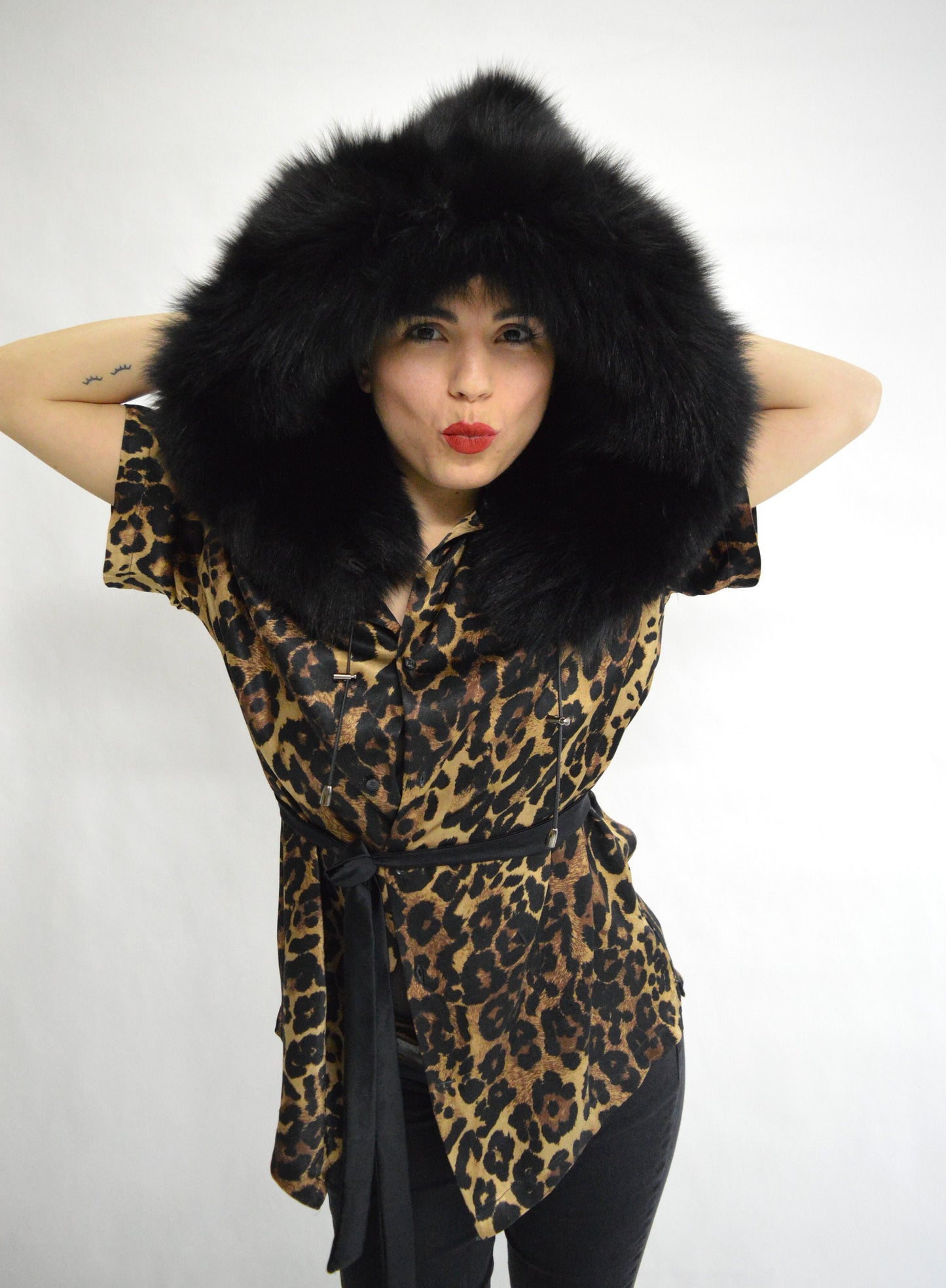Black Fox Fur Hood: Fluffy Winter Hood with Drawstring
