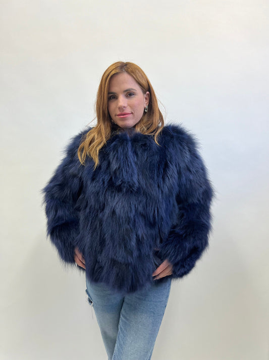Real Denim Blue Fox Fur Jacket - Handmade Winter Coat