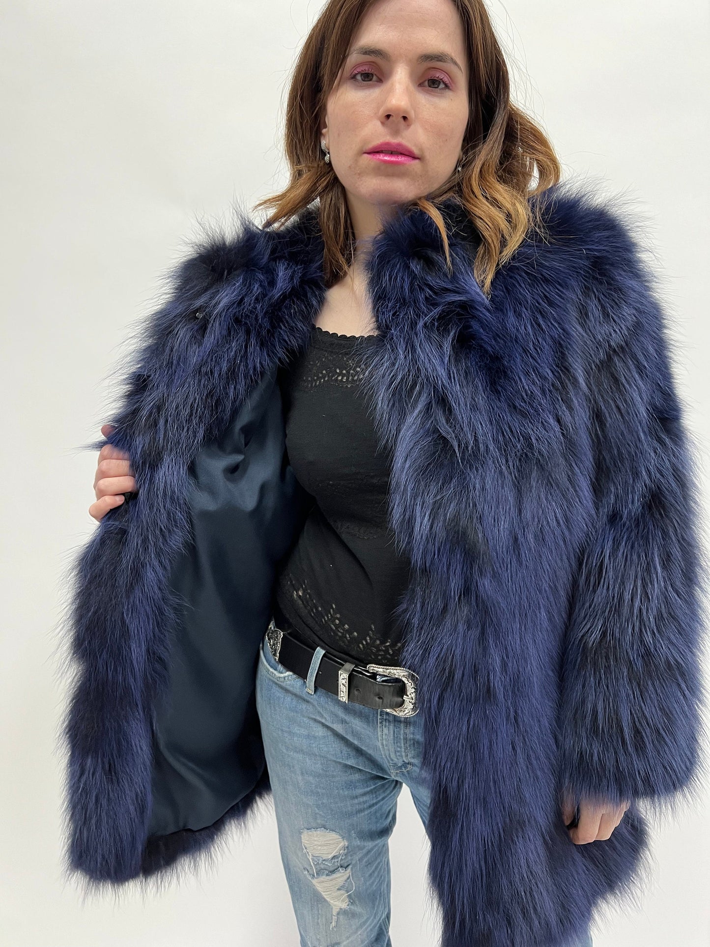 Real Denim Blue Fox Fur Coat - Winter Luxury