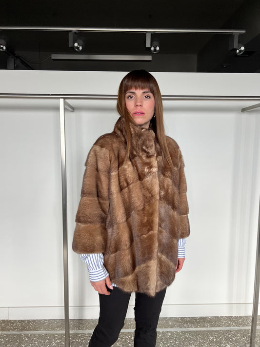 Mink Fur Collared Cappuccino Jacket - Handmade Luxury Fur Gift