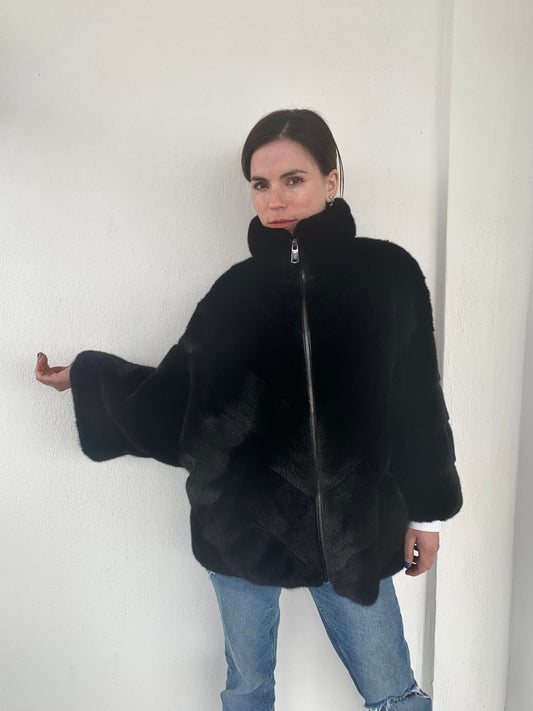 Handmade Black Mink Fur Cape: Oversized Luxury Jacket
