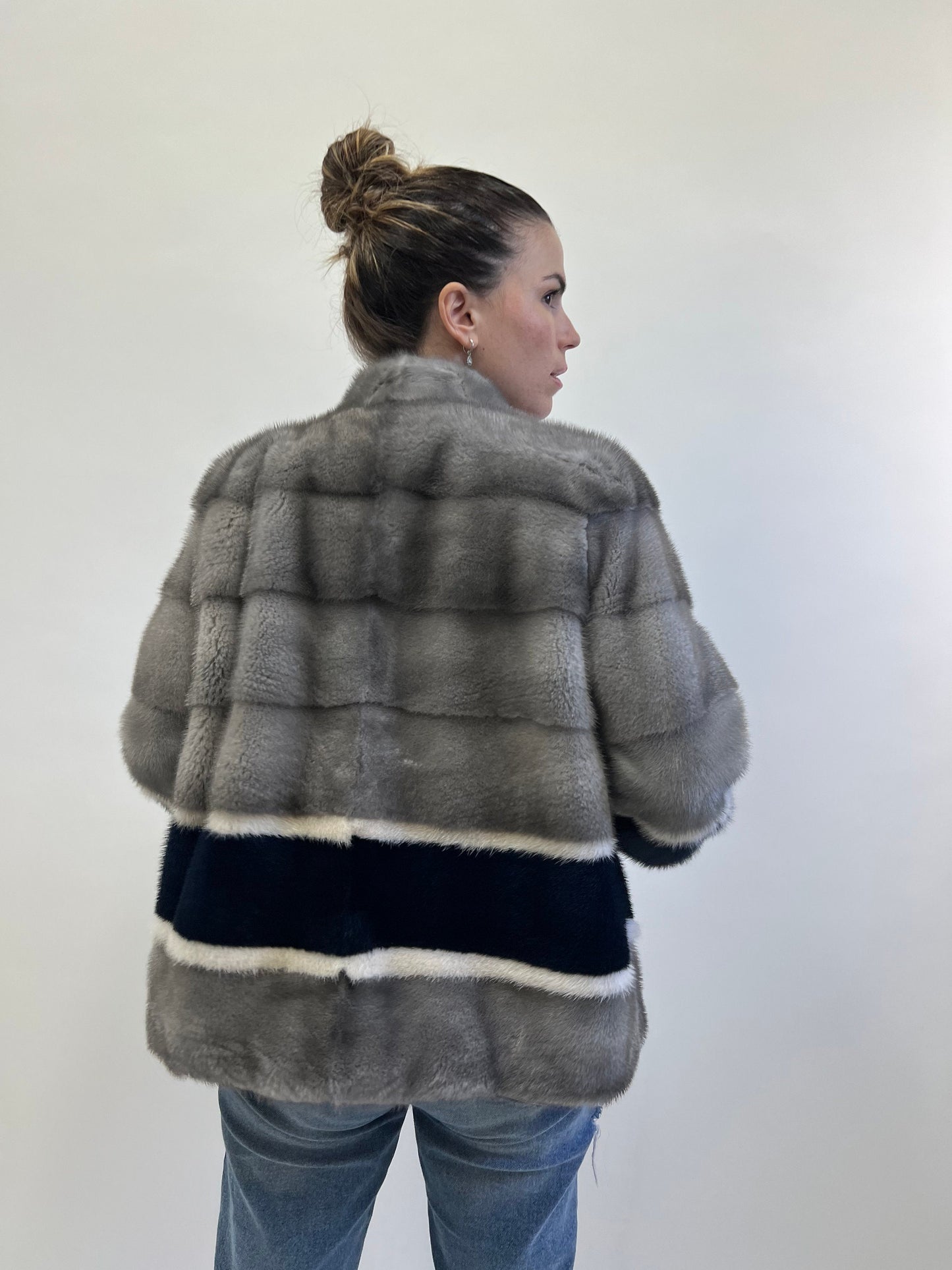Sapphire Mink Fur Jacket: Navy, White & Grey Modern Coat