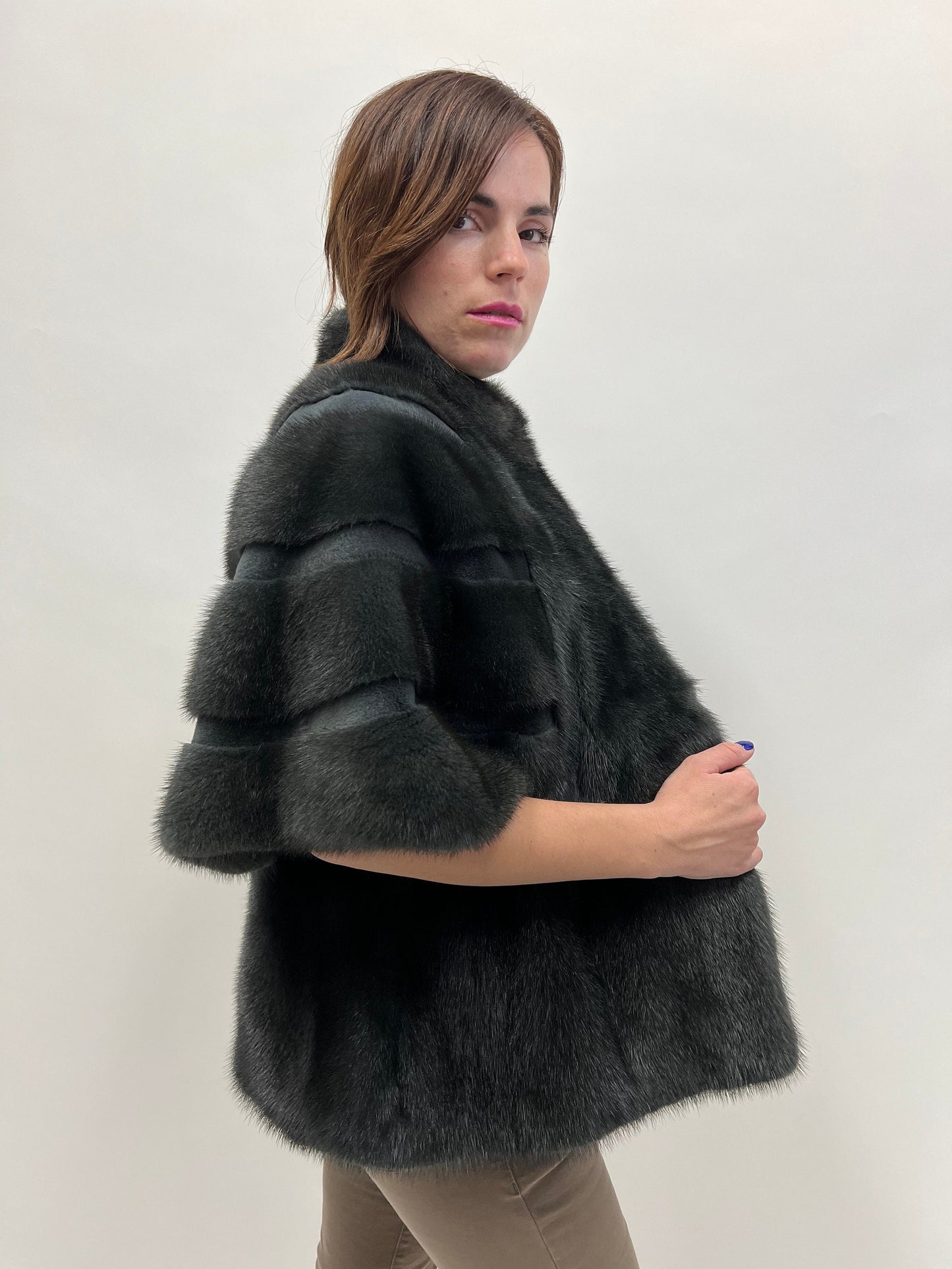 Midnight Blue Mink Fur Cape Jacket - Sheared Mink Details - Saga Furs